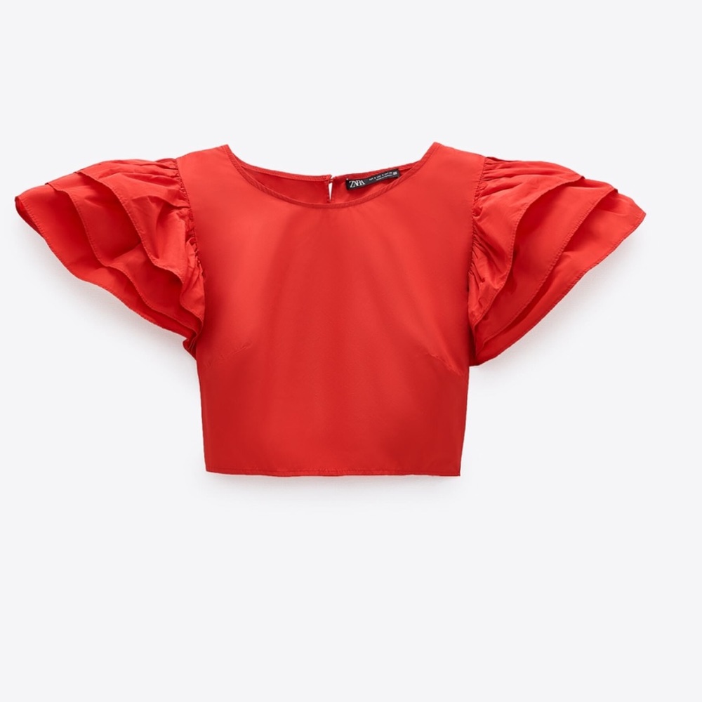 Zara Red Frilly Sleeves Top Size L - Picture 7 of 7